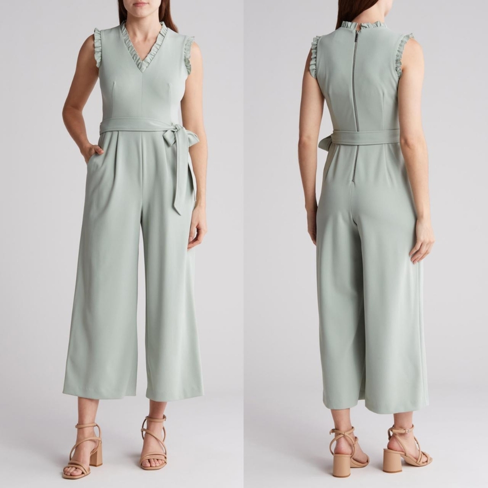 Calvin Klein Green Jumpsuit with V-Neck and Tie Waist
